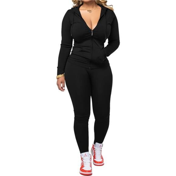 Women Two Piece Outfits Workout Sets Bodycon Tracksuit Long Sleeve Zip Up Hoodie - Picture 1 of 6